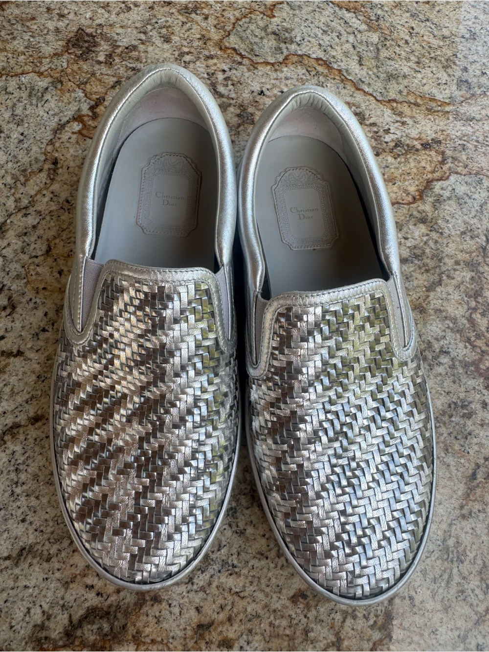 Dior Silver Metallic Woven Leather Slip On Sneakers Loafers 38.5